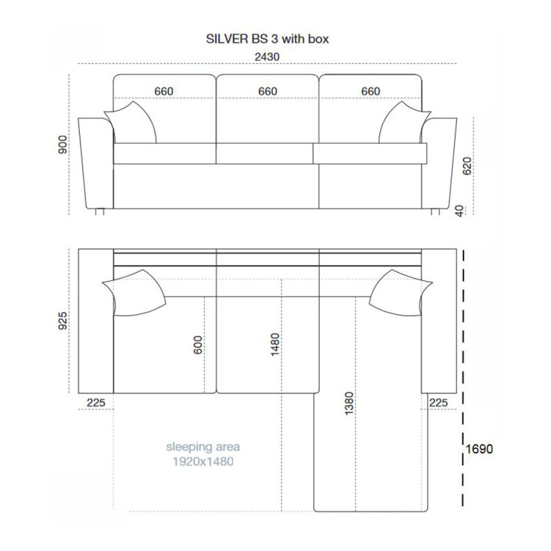 Corner sofa bed Silver 2-seater