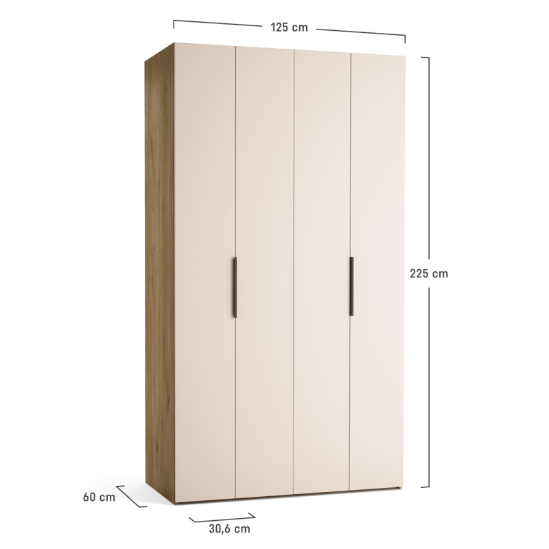 Riidekapp 125x225 Stor COMFORT  pikk käepide ümar tamm, uksed liivabeez ZIP.HOME