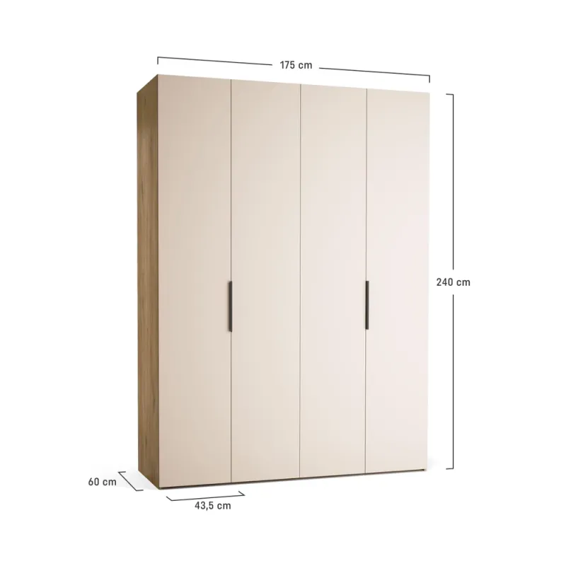 Riidekapp 175x240 Stor EASY lühike käepide ümar tamm, uksed valged