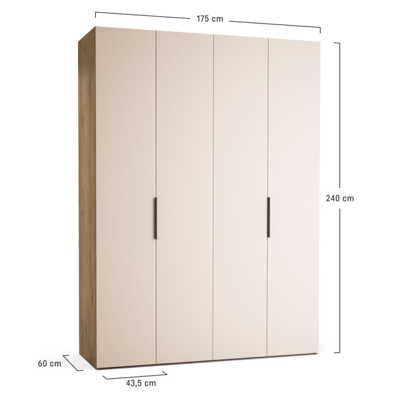 Riidekapp 175x240 Stor EASY lühike käepide ümar tamm, uksed valged ZIP.HOME