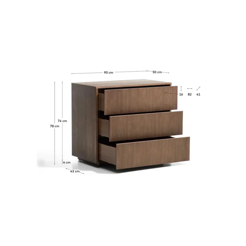 Helvine kummut 3 sahtliga saarevineeriga pähklipuu viimistlusega 90 x 78 cm FSC 100%