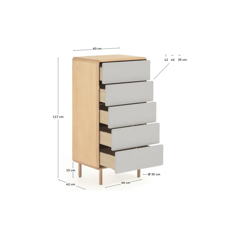 Anielle massiivpuust ja saareviinerist kummut viie sahtliga 60 x 117 cm