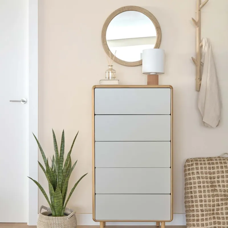 Anielle massiivpuust ja saareviinerist kummut viie sahtliga 60 x 117 cm